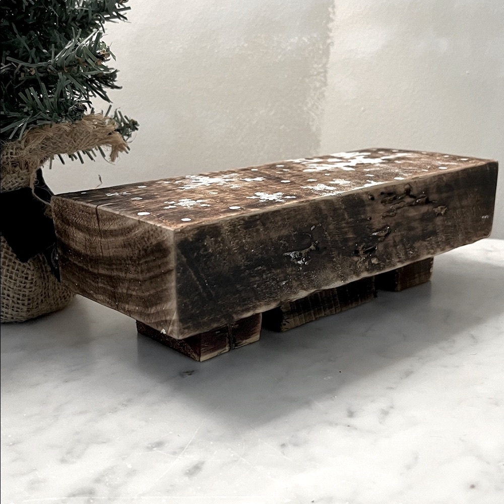Rustic Wooden Riser Display Tray With Snowflakes Handmade Reclaimed Wood - Picture 2 of 9